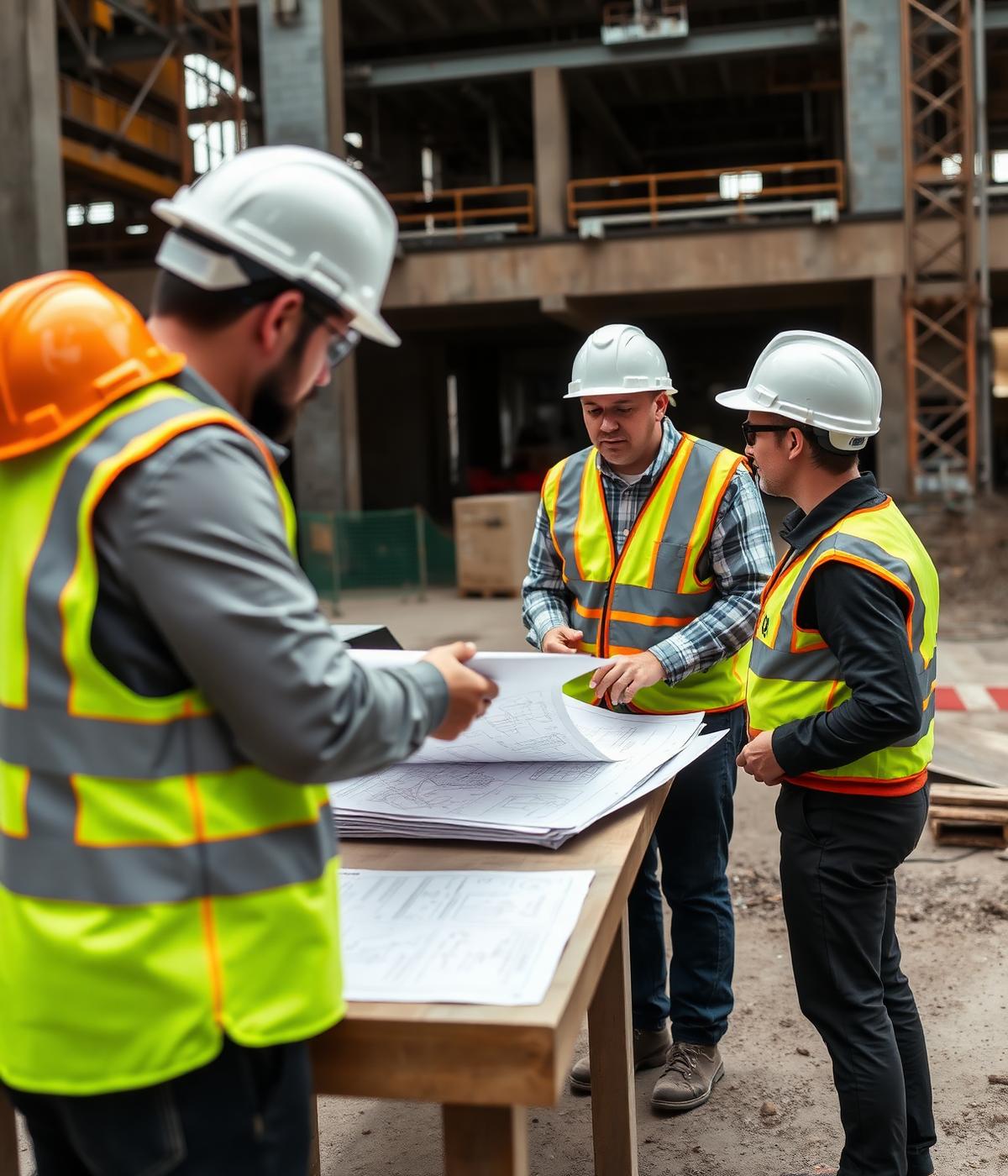 AUC engineers reviewing project drawings on site